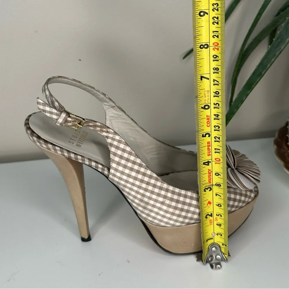 Stuart Weitzman Gingham Slingback Heels 7M | Platform Peep Toe Floral Bow - Picture 11 of 14